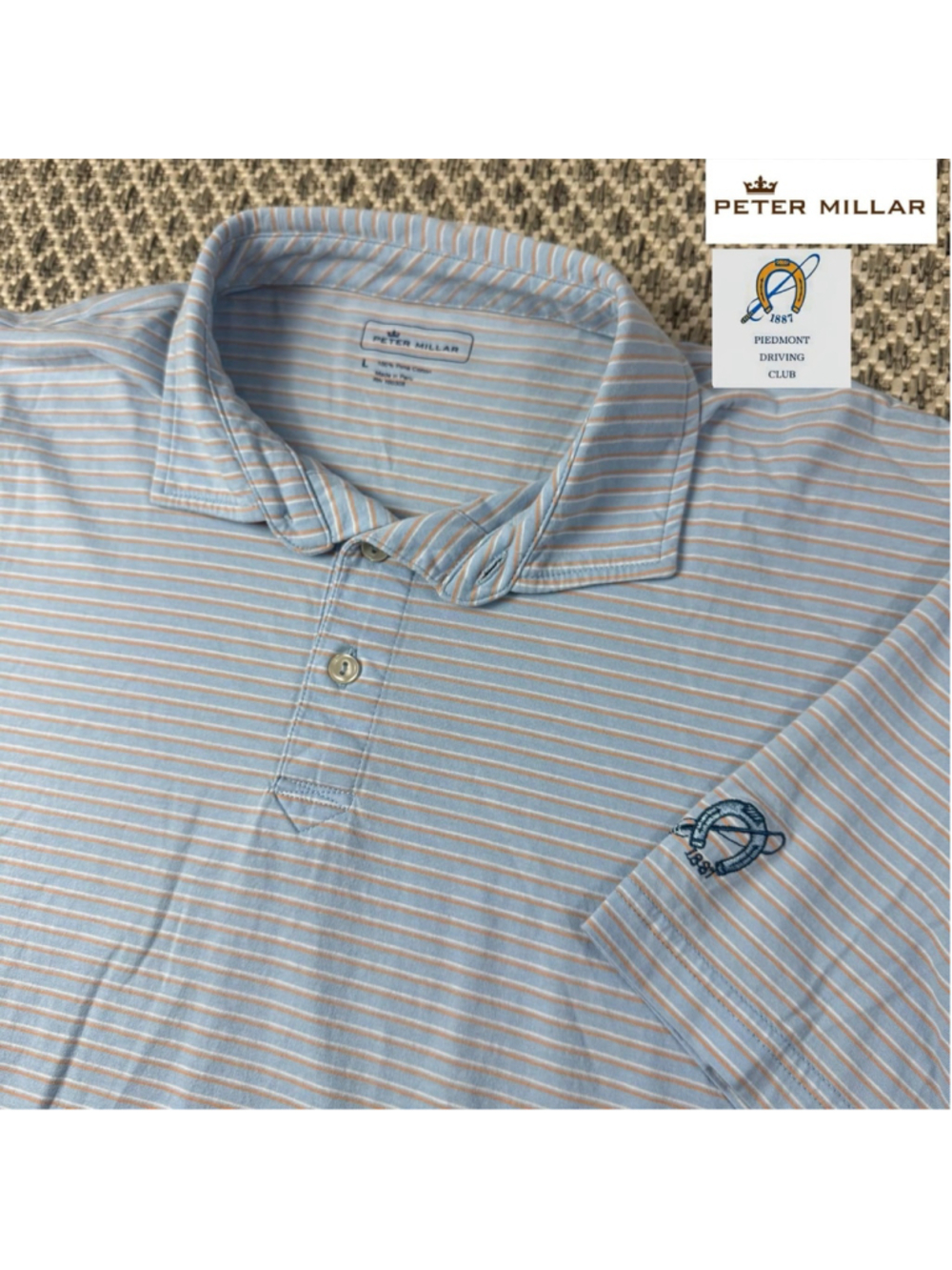 Peter Millar Piedmont Driving Club Mens L Pima Cotton Striped Golf Polo Shirt